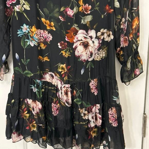 Bellambra Silk Blend Black Foral Babydoll Ruffle Hem Mini Dress XS Whimsigoth - Picture 8 of 15